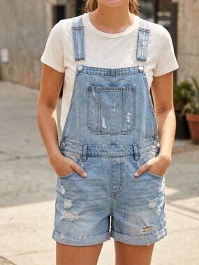 Light Blue Denim Overalls Shorts Size M/ L Destressed Y2k